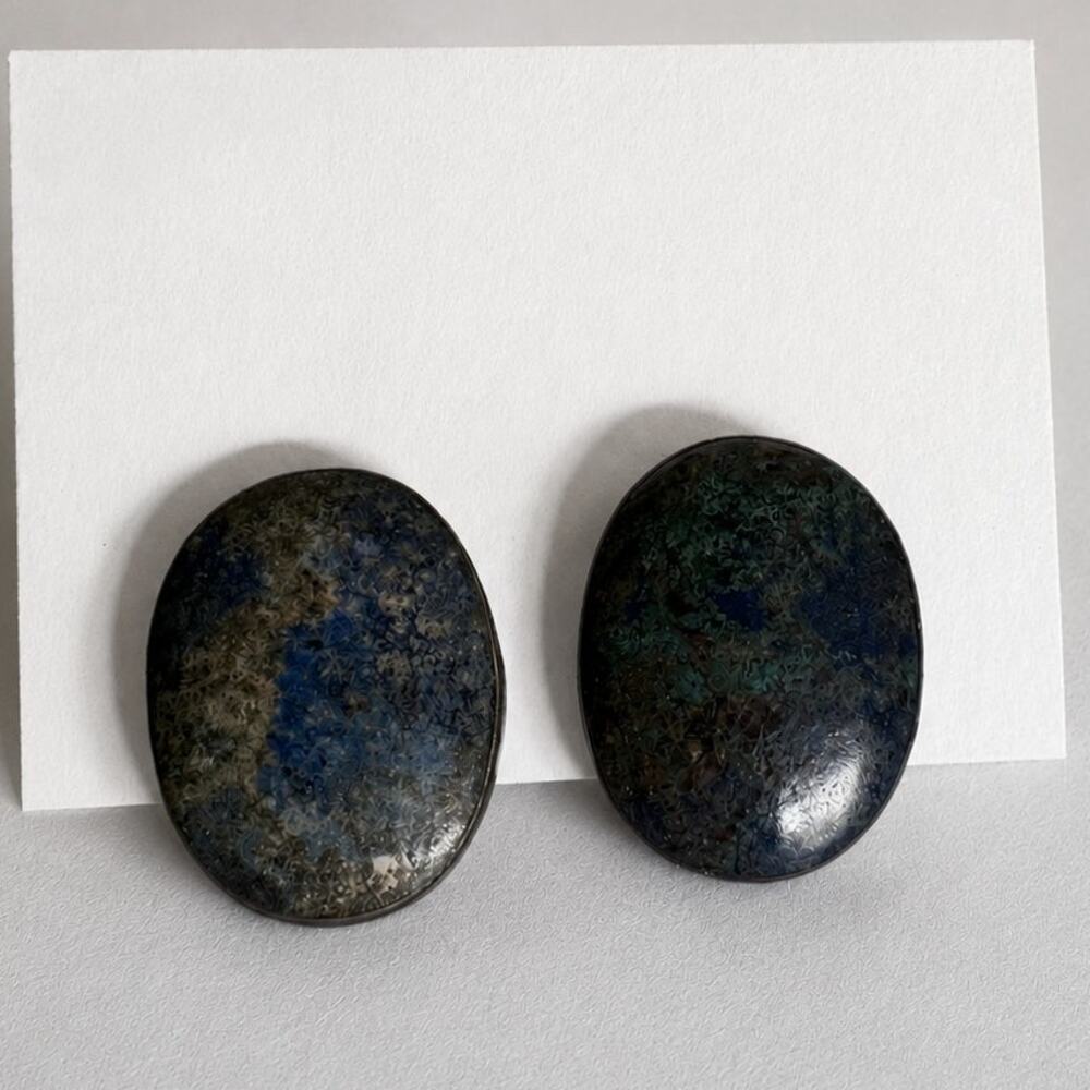 Vintage Sterling Azurite Malachite Screw Back Earrings Large Oval 925 Mexico 16g